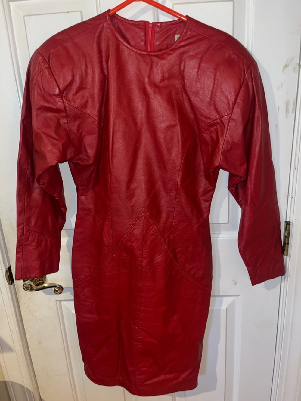 Ambria Vintage Red Leather Dress Size 4 Long Sleeve Shoulder Pads Made in Korea